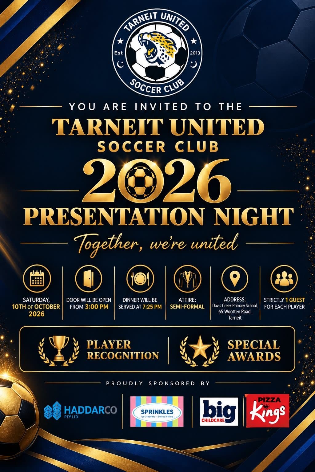 Invitation to the Tarneit United Soccer Club 2026 Presentation Night, Saturday 10 October 2026.