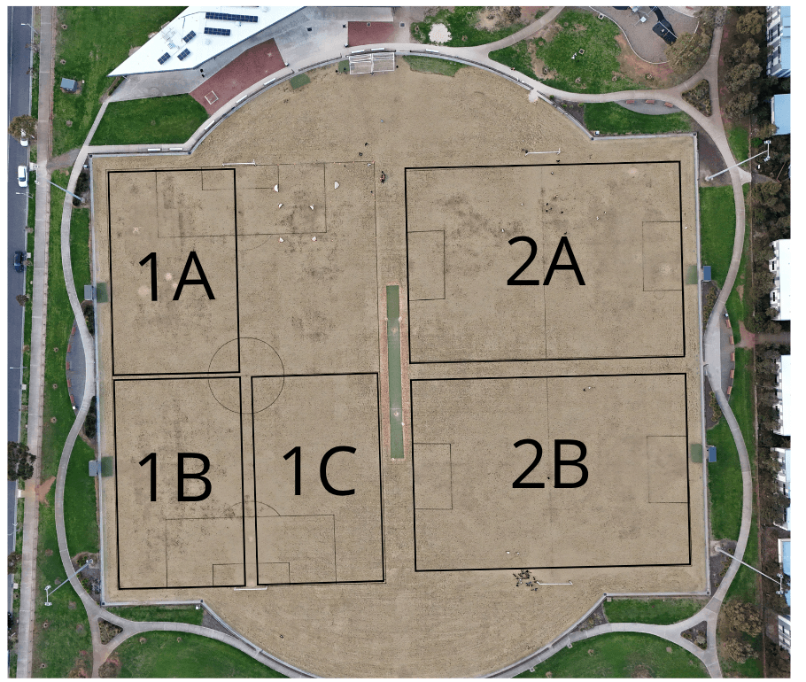 Aerial map of Tarneit Reserve showing fields 1A, 1B, 1C, 2A and 2B